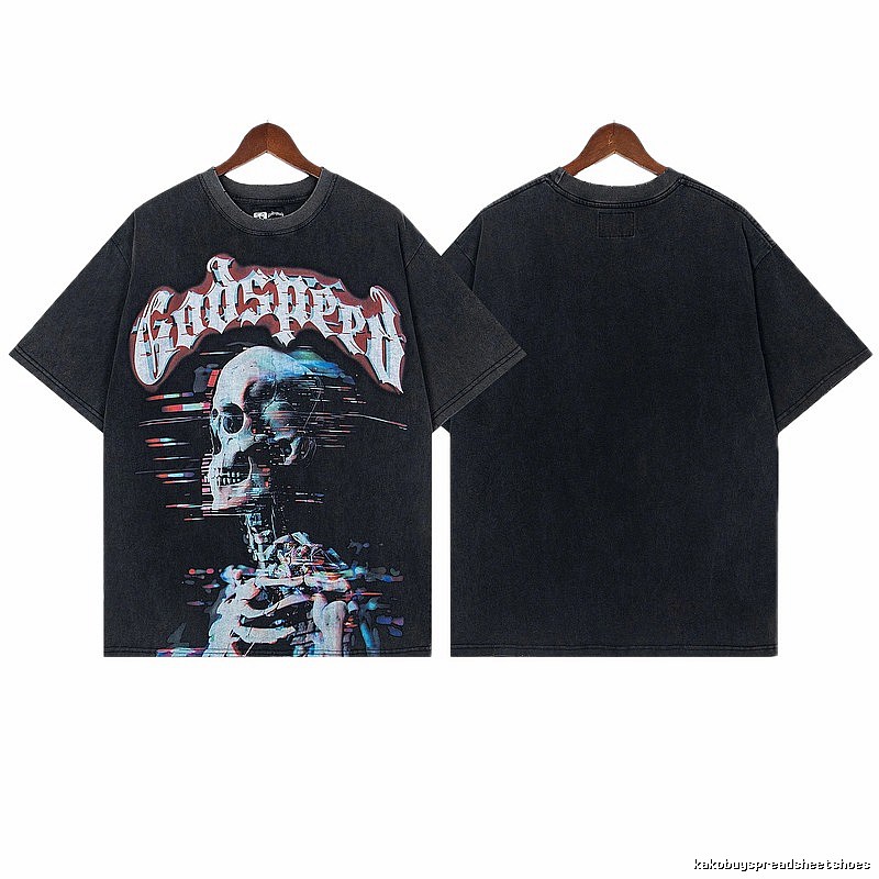 Godspeed Skull Print Street Style Distressed Black T-Shirt