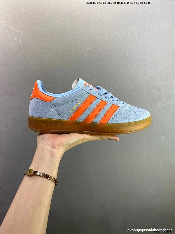 Adidas Light Blue and Orange Low-Profile Sneakers Highlighting Rounded Toe