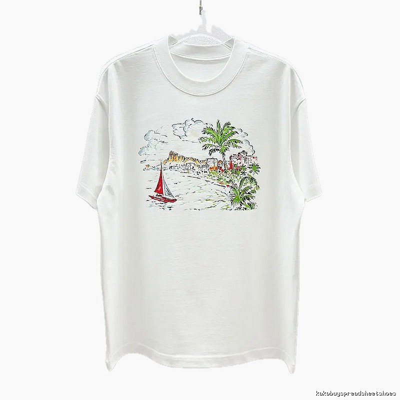 AW Hand-painted Seaside Vacation Style White Short-sleeve T-Shirt