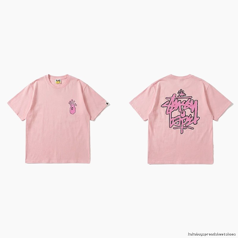 Bape Crown Print Trendy Cool Pink T-shirt