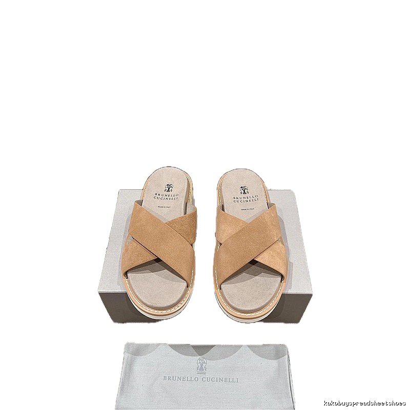 Brunello Cucinelli Casual-style Camel Cross-strap Slide Sandals