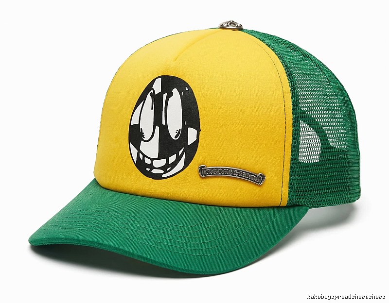 Cartoon-style green and yellow hat of Chrome Hearts