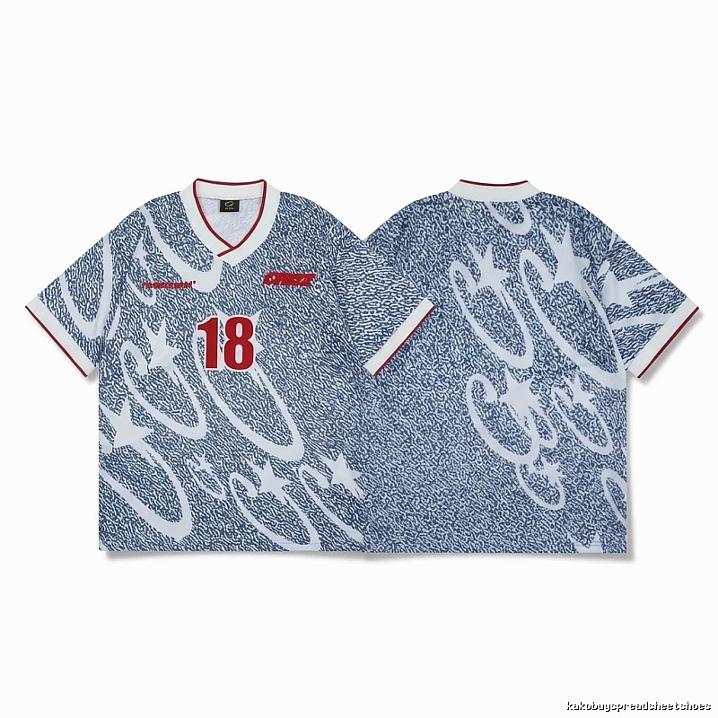 Corteiz-printed retro-style blue and white short-sleeve shirt