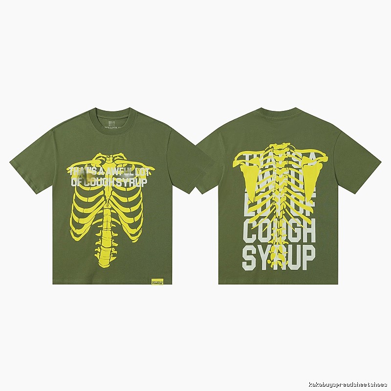 COUGH SYRUP Skeleton Print Street Style Army Green T-shirt
