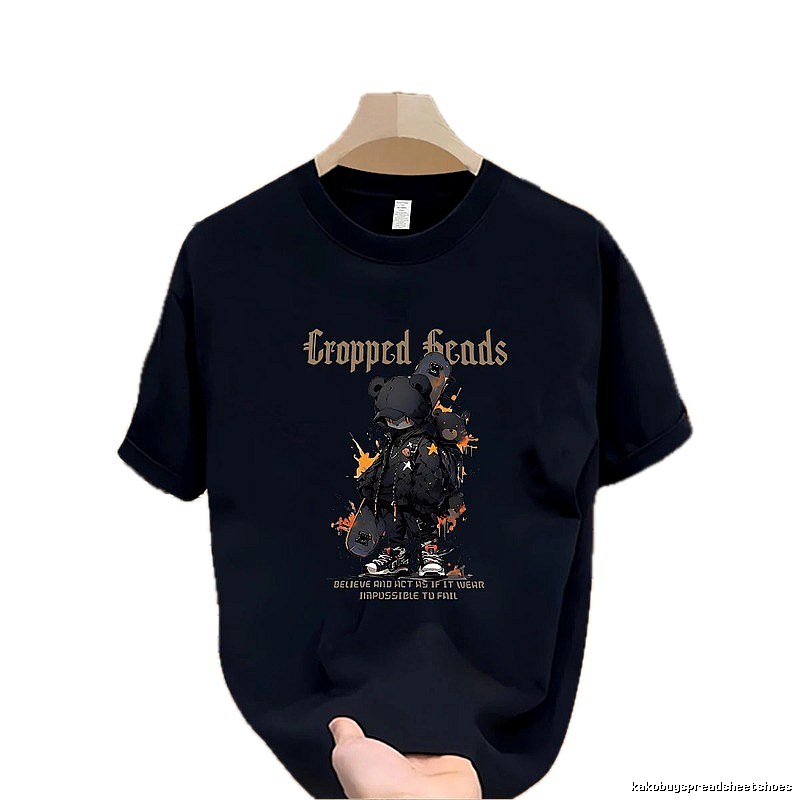 Cropped Skate Bear Street Style Navy Short Sleeve T-Shirt