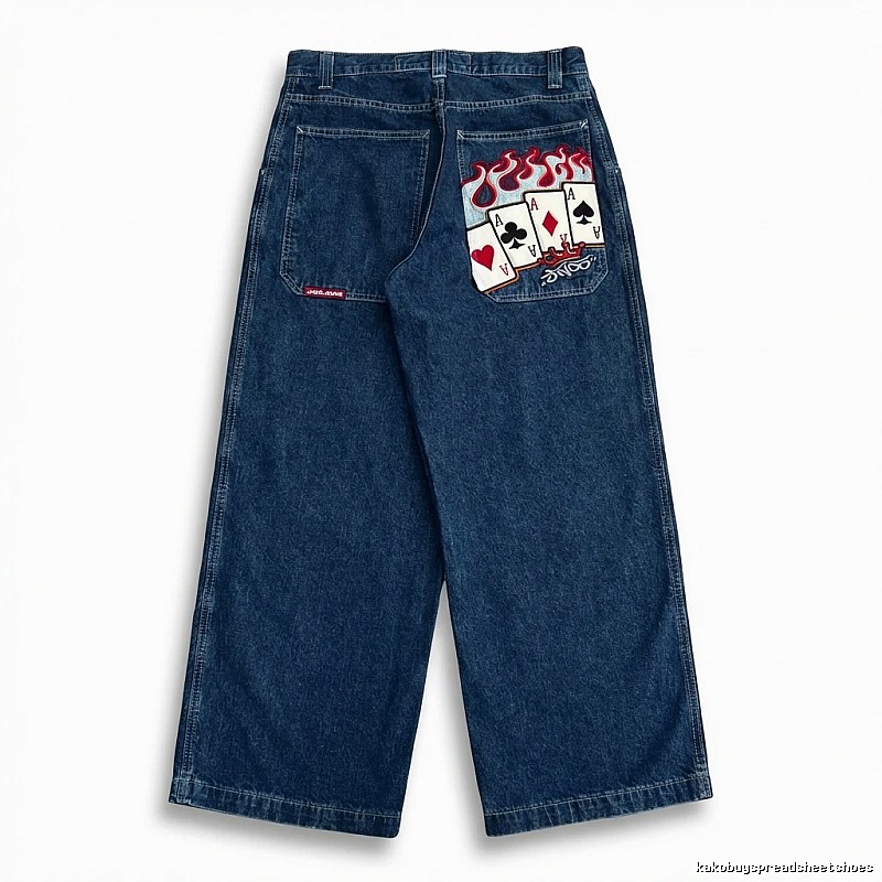 Deep - blue jeans with Y2K playing - card print