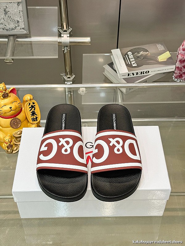 D&G Classic Logo Trendy & Cool Reddish Brown Patchwork Black Slide Sandals
