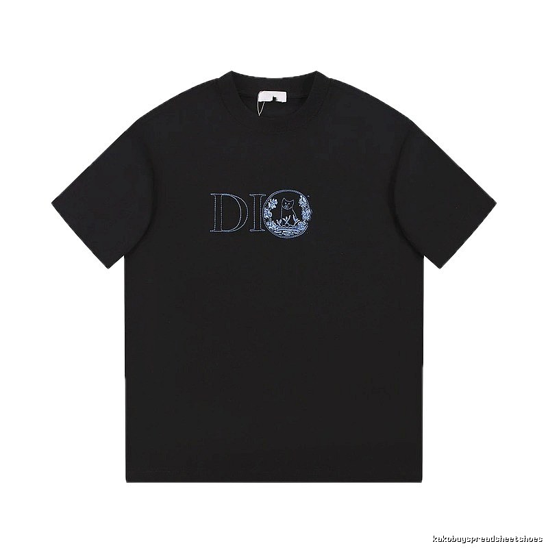 Dior Cat-Embroidered Casual Black T-Shirt