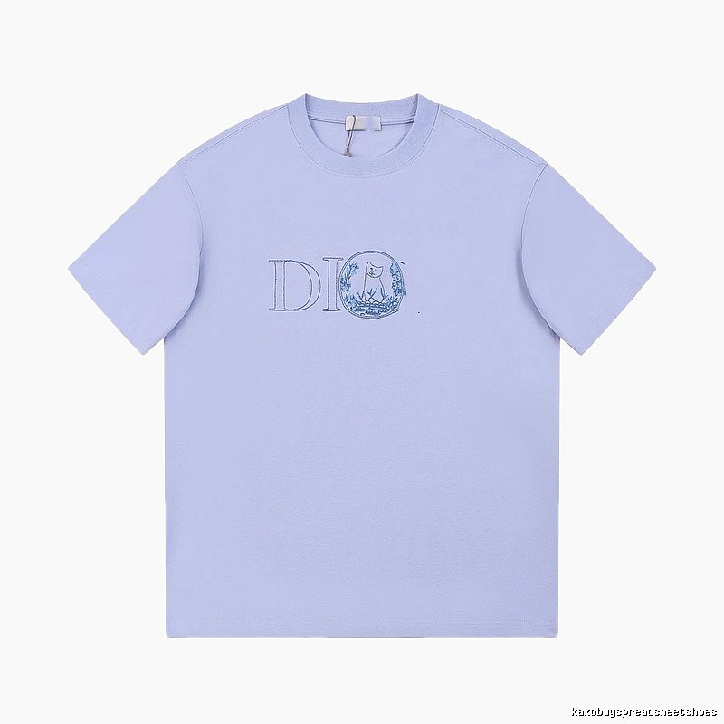 Dior Cat-Embroidered Casual Light Purple Short-sleeve T-Shirt