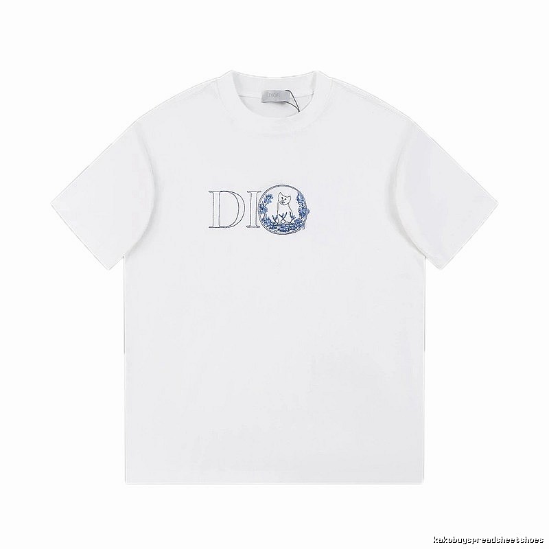 Dior Cat-Embroidered Light Luxury Style White Short-sleeve T-shirt