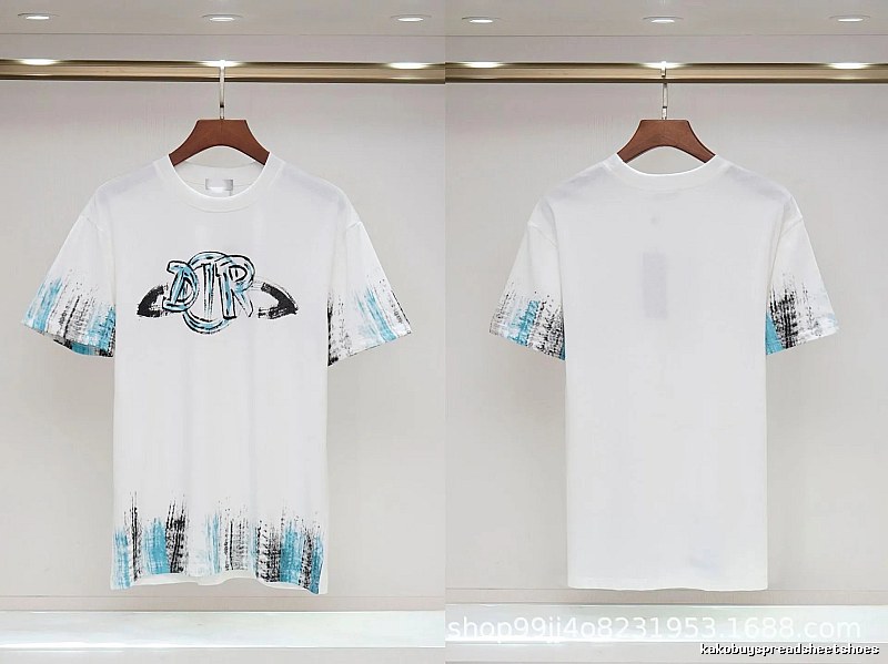 Dior Graffiti Collection Street Style White and Blue Short-sleeve T-shirt