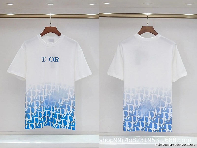 Dior Oblique Gradient Trendy Style Blue and White Short-sleeved T-shirt