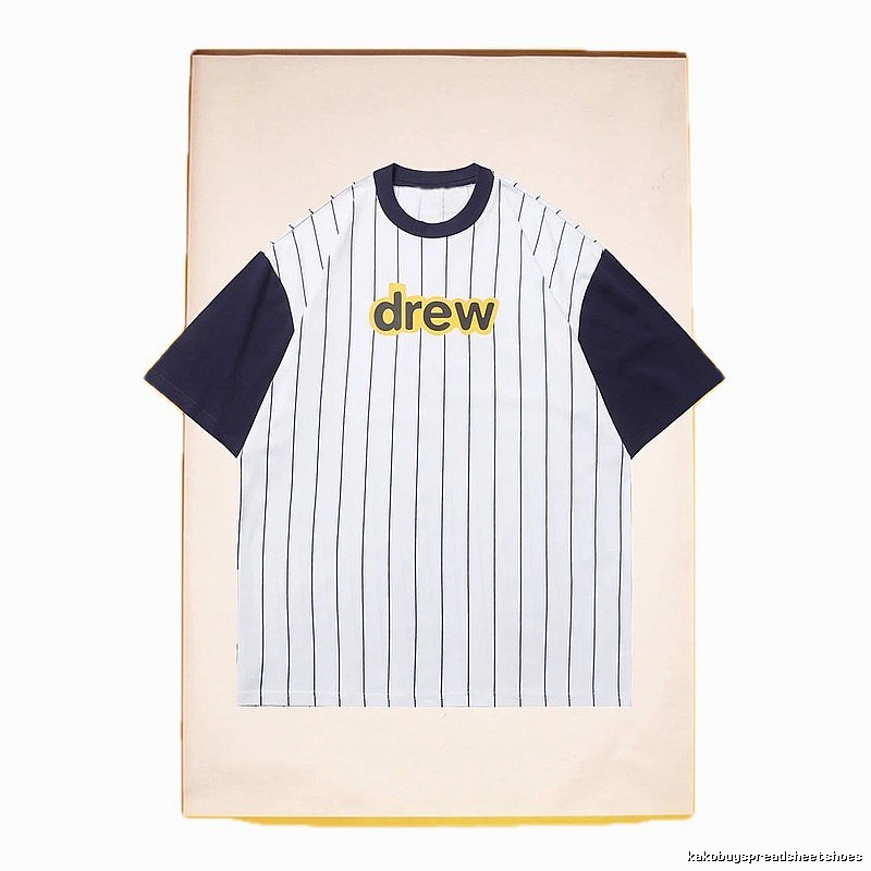 DREW Letter Print Street Style White and Navy Blue Short Sleeve T-Shirt