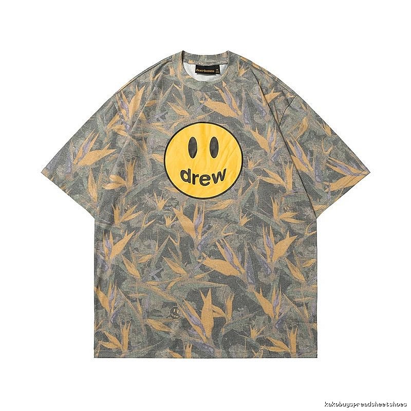 DREW Smiley All-over Print Street Style Grey and Yellow Short Sleeve T-Shirt