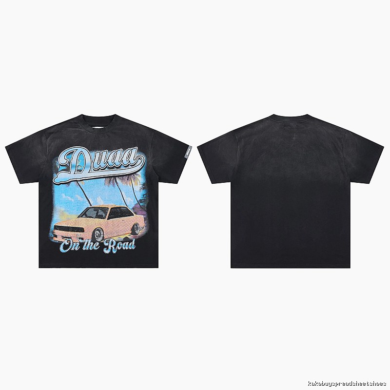DUAA Road Sports Car American Retro Distressed Black T-Shirt