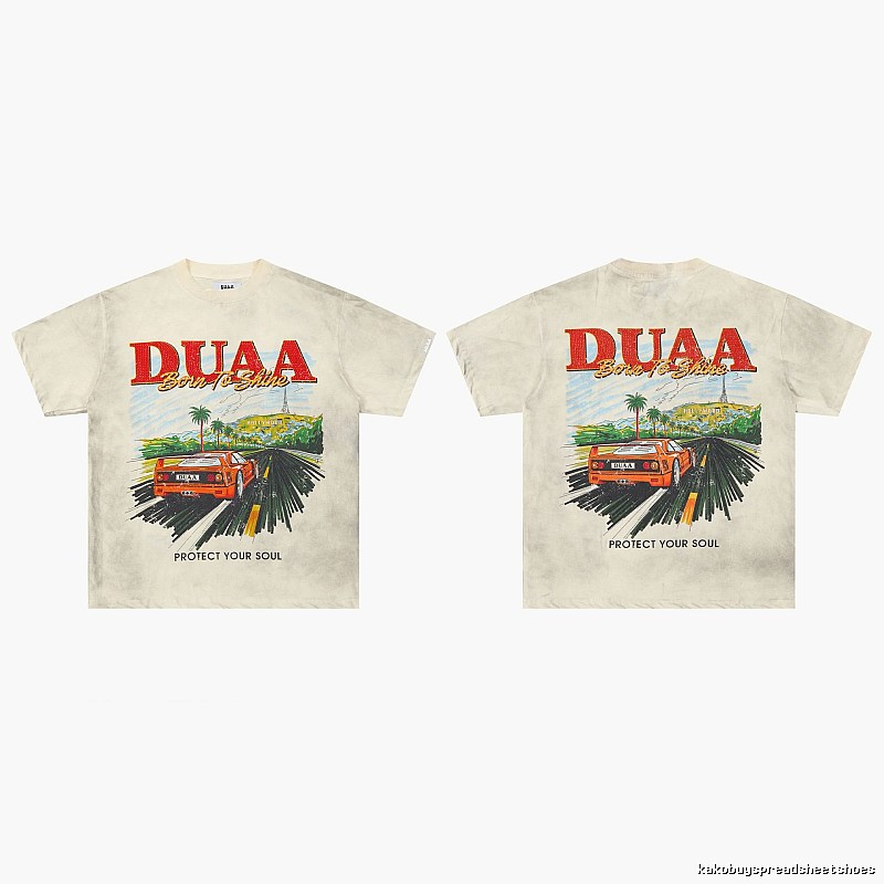 DUAA Sports Car Print American Retro Off-white Short Sleeve T-Shirt