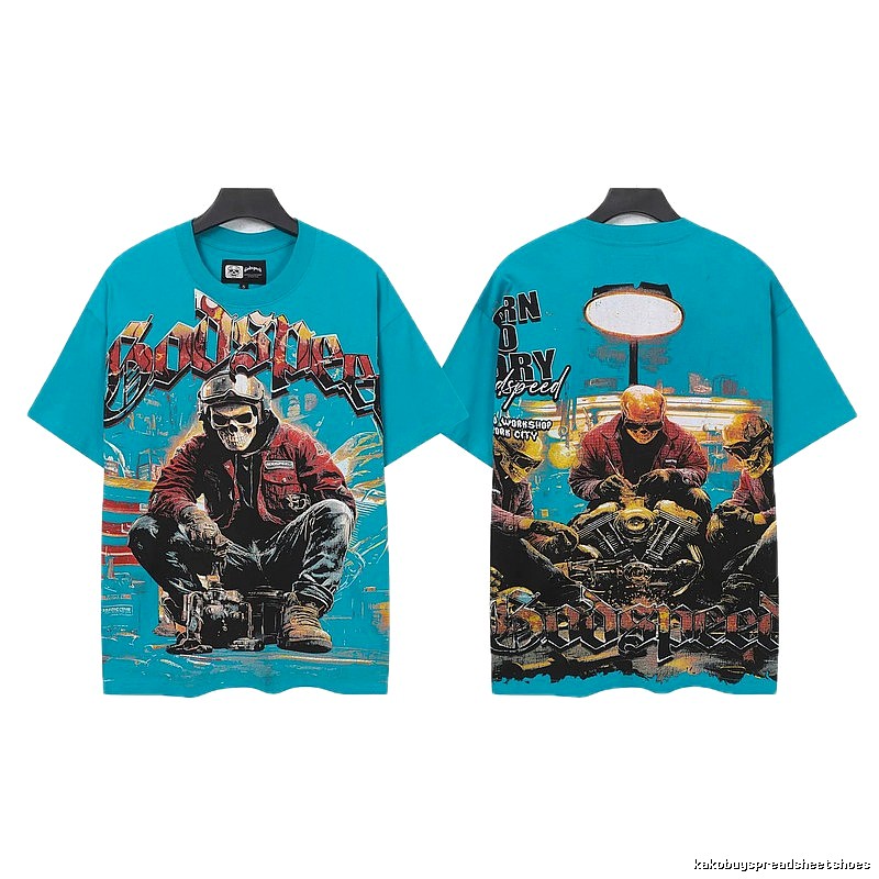 Godspeed Motorcycle Skull Vintage Style Lake Blue Short Sleeve T-shirt