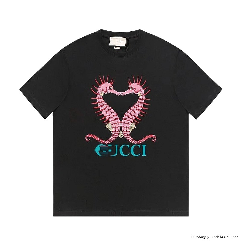 Gucci Double Seahorse Print Trendy Style Black T-Shirt