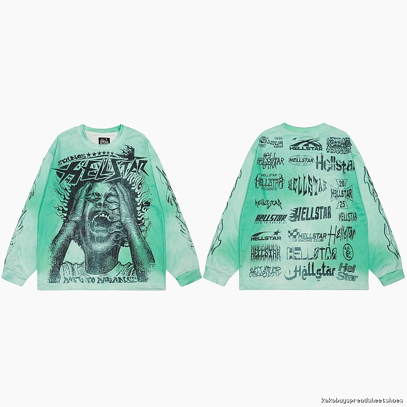 Hellstar All-over Portrait Print Street Style Mint Green Long Sleeve