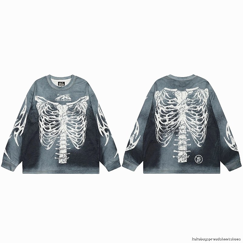 Hellstar Skull Print Street Style Vintage Grey Long Sleeve T-shirt