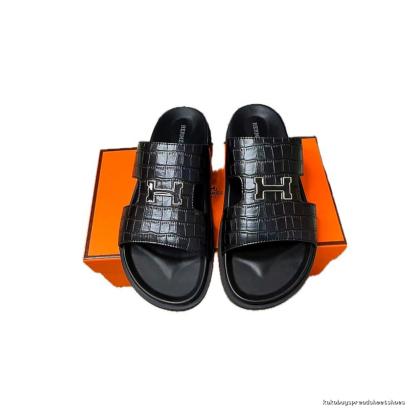 Hermès H-buckle Crocodile Pattern Light Luxury Style Black Slippers