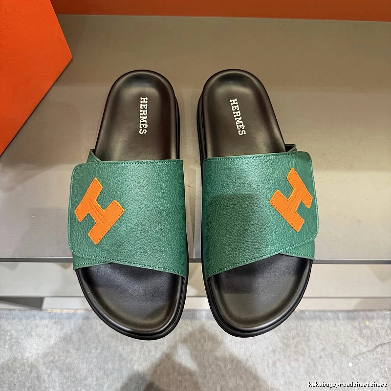 Hermès H Collection Casual Style Green & Orange Color-block Slide Sandals