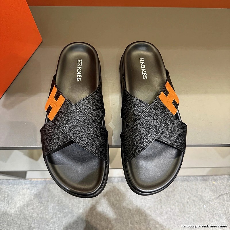 Hermès H-logo Casual Style Black and Orange Color-block Slides