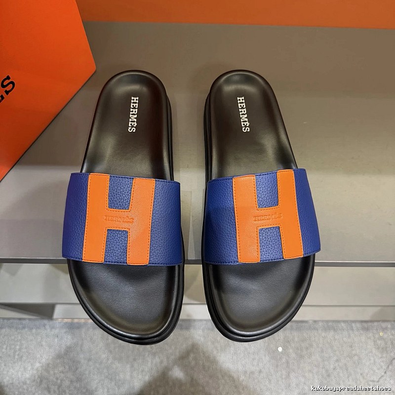 Hermès H Series Minimalist Style Blue and Orange Colorblock Slide Sandals