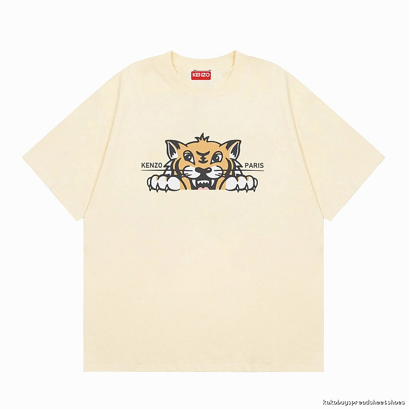 KENZO Tiger Head Print Streetwear Style Beige Short Sleeve T-Shirt