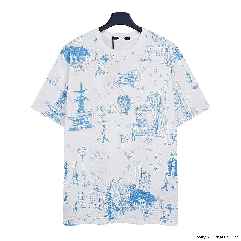 Louis Vuitton City Print Casual Style White and Blue T-Shirt