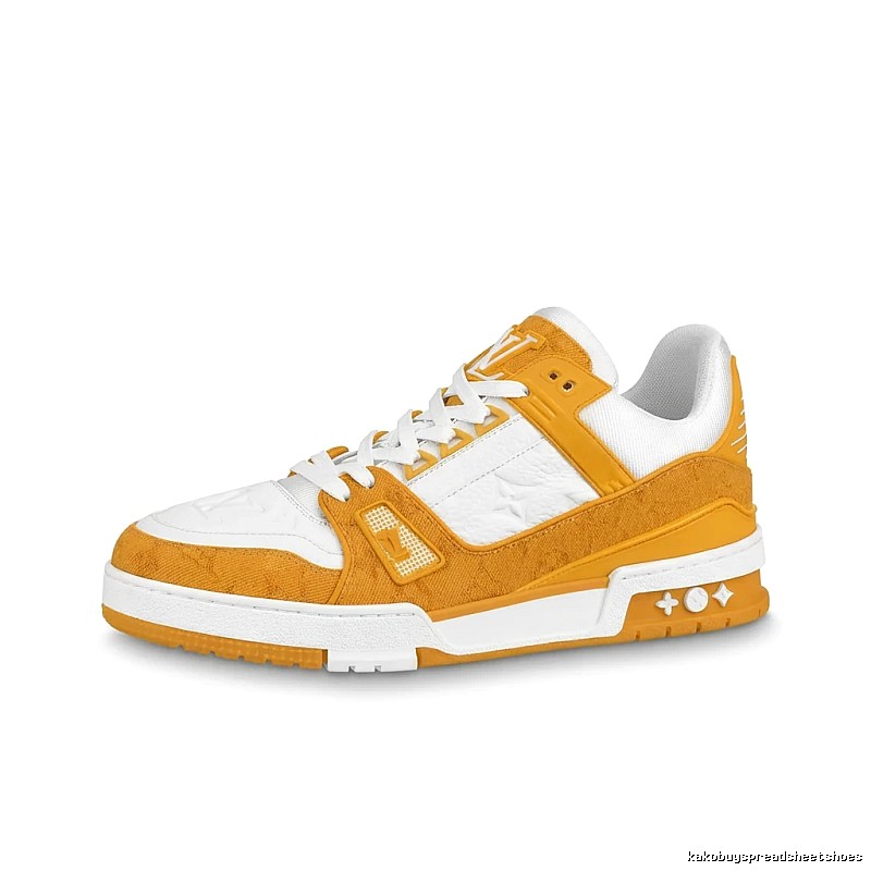 Louis Vuitton low-top sneakers in orange and white color blocking.