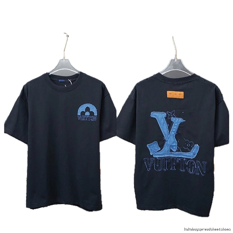Louis Vuitton Street Style Black T-shirt with Denim Patches