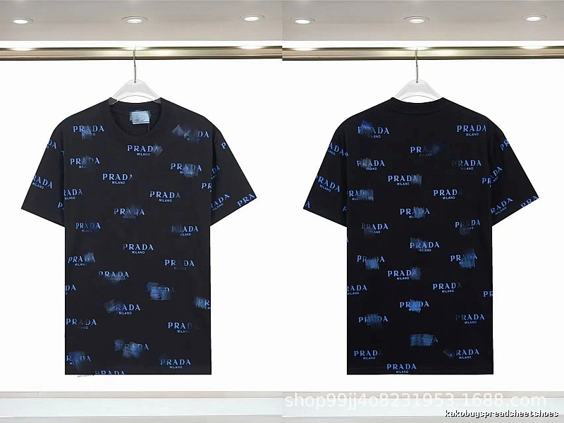 Prada All-over Printed Streetwear Style Black Short-sleeve T-shirt