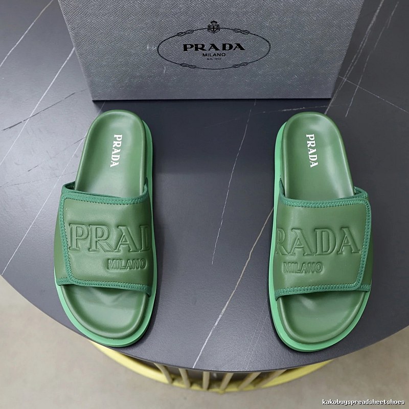 Prada Embossed Light Luxury Style Green Slide Sandals