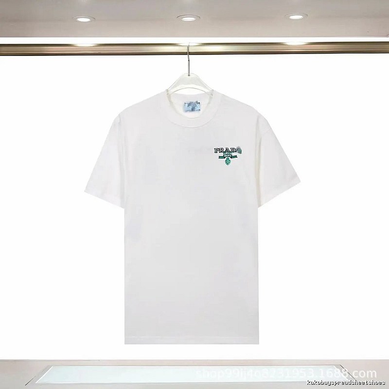 Prada Embroidered Minimalist Style White Short-sleeve T-shirt