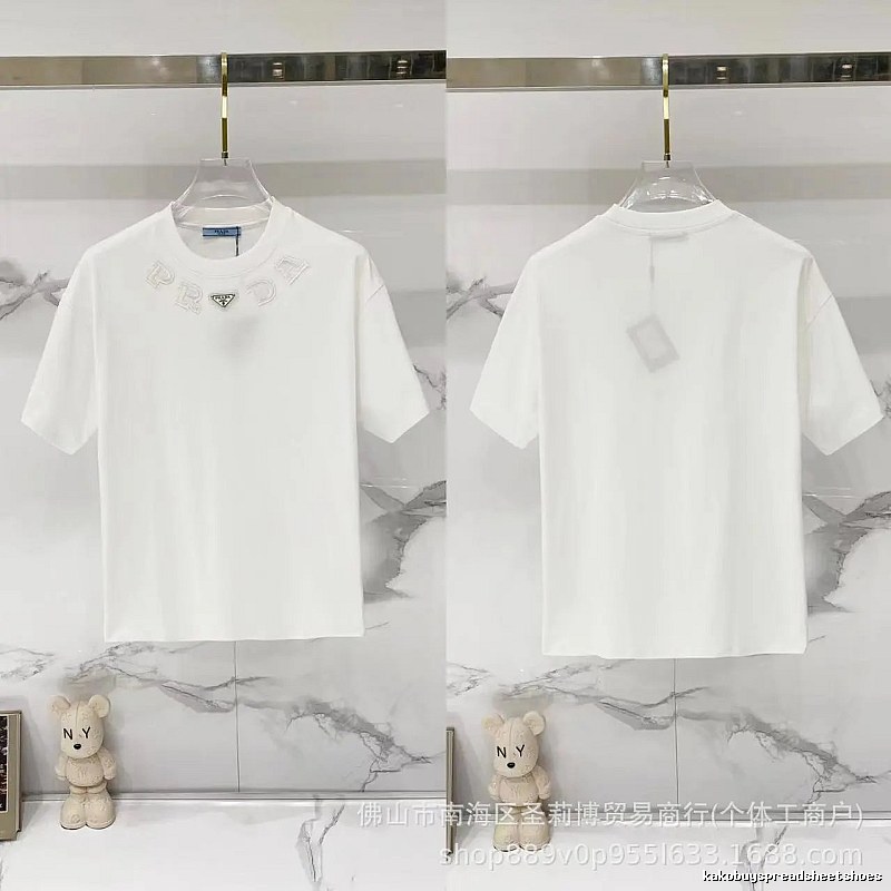 Prada Embroidered Minimalist Style White Short-sleeved T-shirt