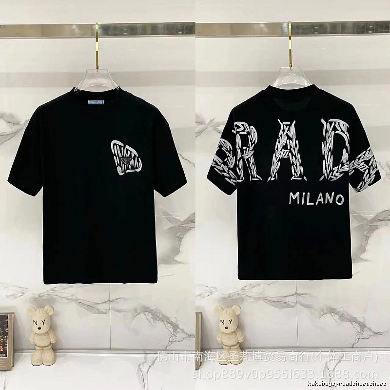Prada Embroidered Streetwear Style Black Short-sleeve T-shirt