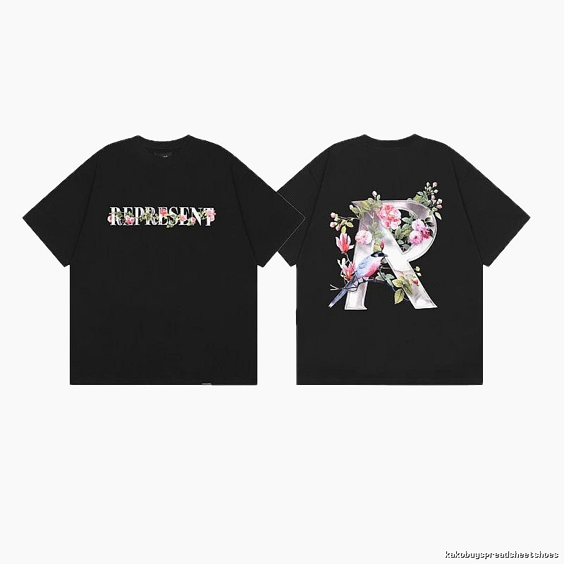 Represent Bird and Flower Print High Street Style Black T-Shirt