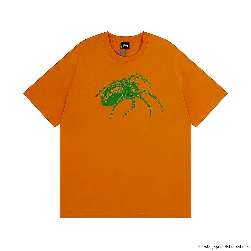 Stussy Orange Spider Graphic T-Shirt Streetwear Look Logo