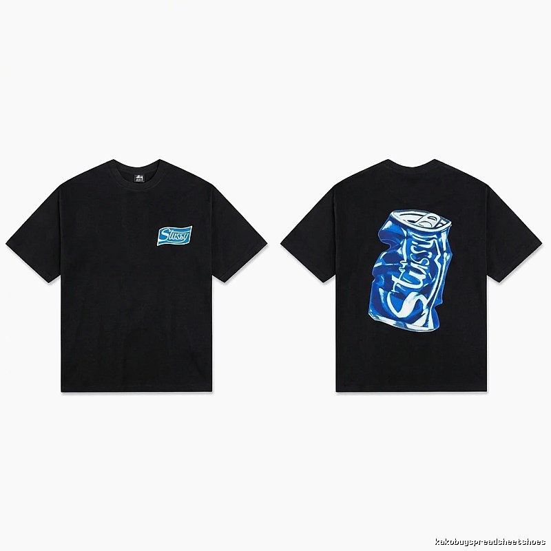 Stussy's black T-shirt with a can-style design