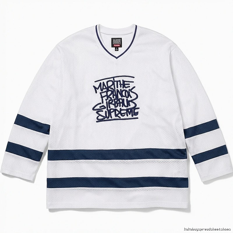 Supreme graffiti-style white and blue jersey