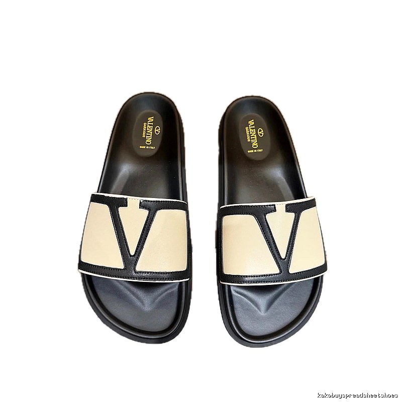 Valentino Big V Light Luxury Style Beige and Black Color-block Slide Sandals