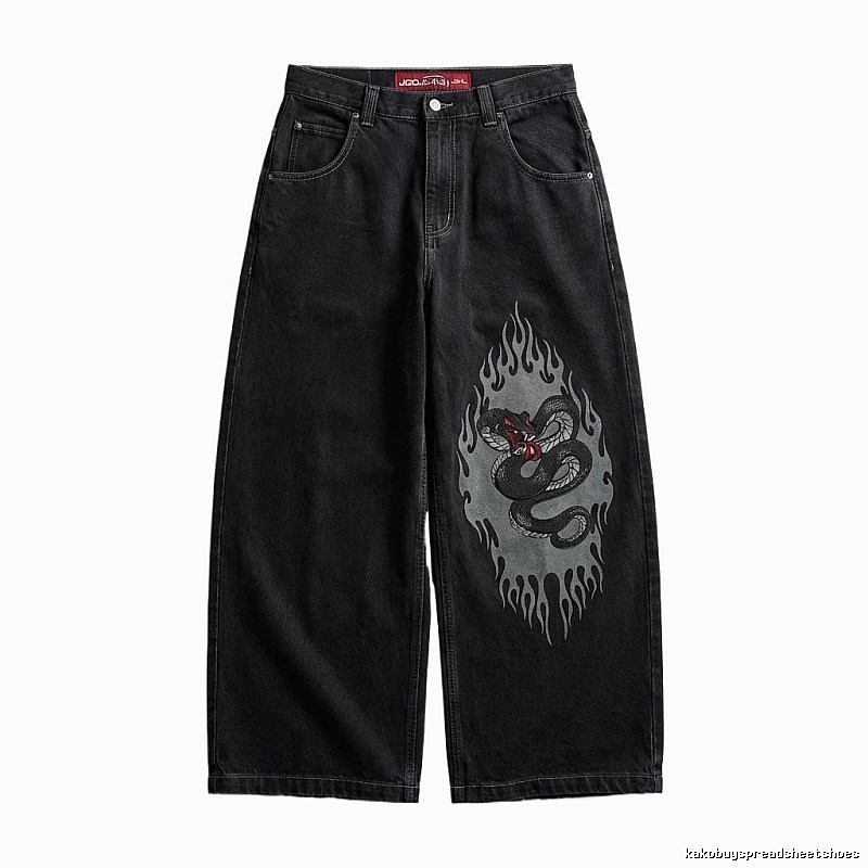 Y2K Flame Snake Print Black Jeans